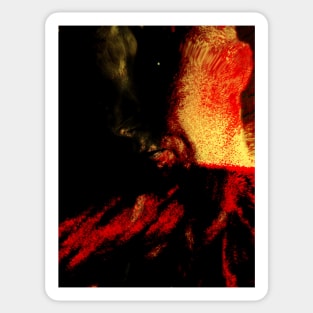 Portrait, digital collage, special processing. Vampire. Monster is looking on you, blood splatters. Yellow and red. Bright. Sticker